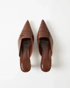 Online Mathilde Mule Leather Emboss Croc Brown Heels