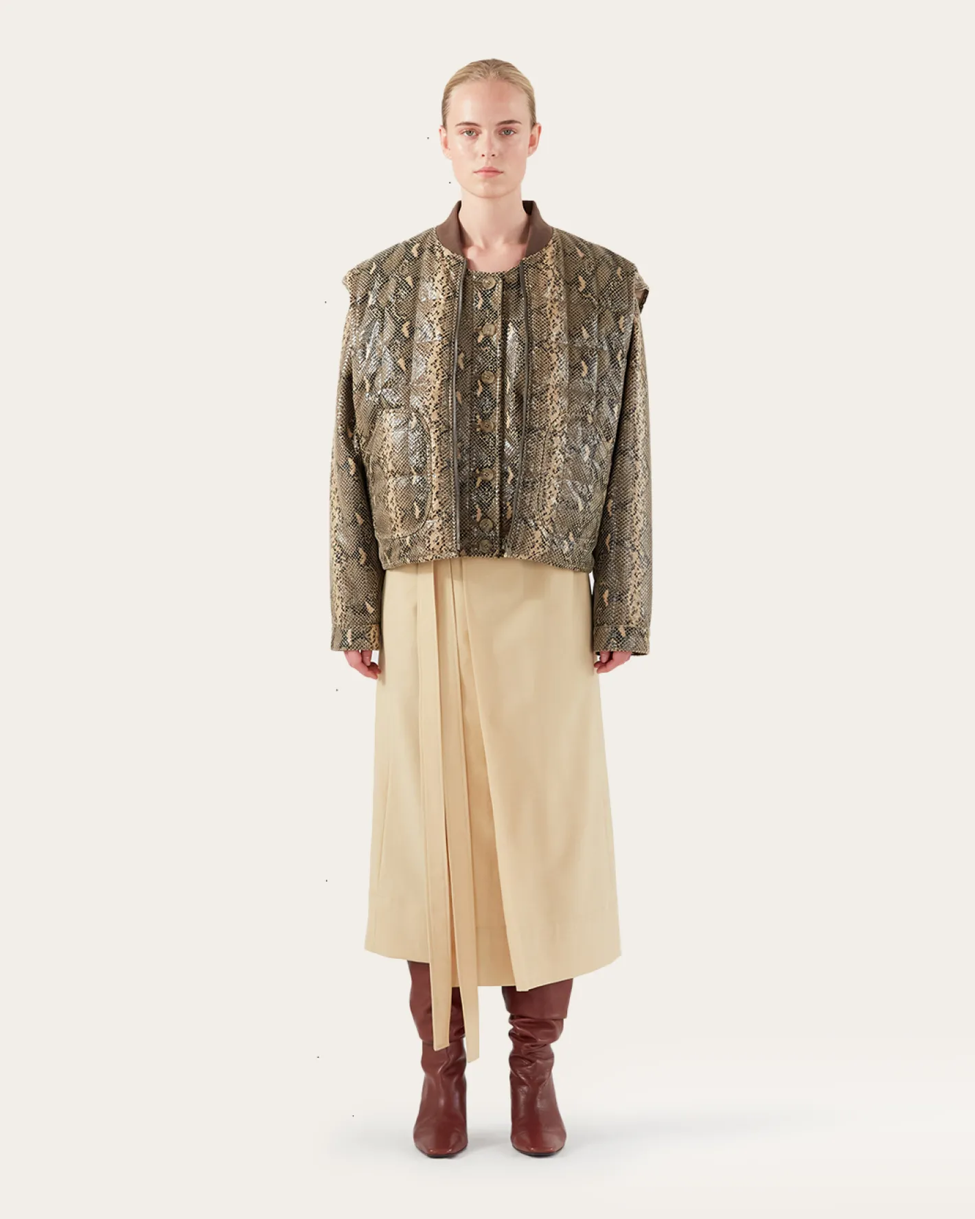 Hot Wells Bomber Jacket Faux Leather Snake Effect Beige Jackets | Jackets