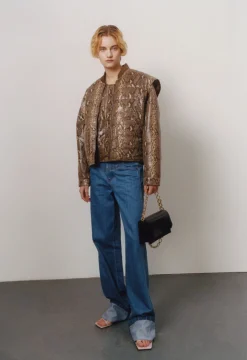 Hot Wells Bomber Jacket Faux Leather Snake Effect Beige Jackets | Jackets