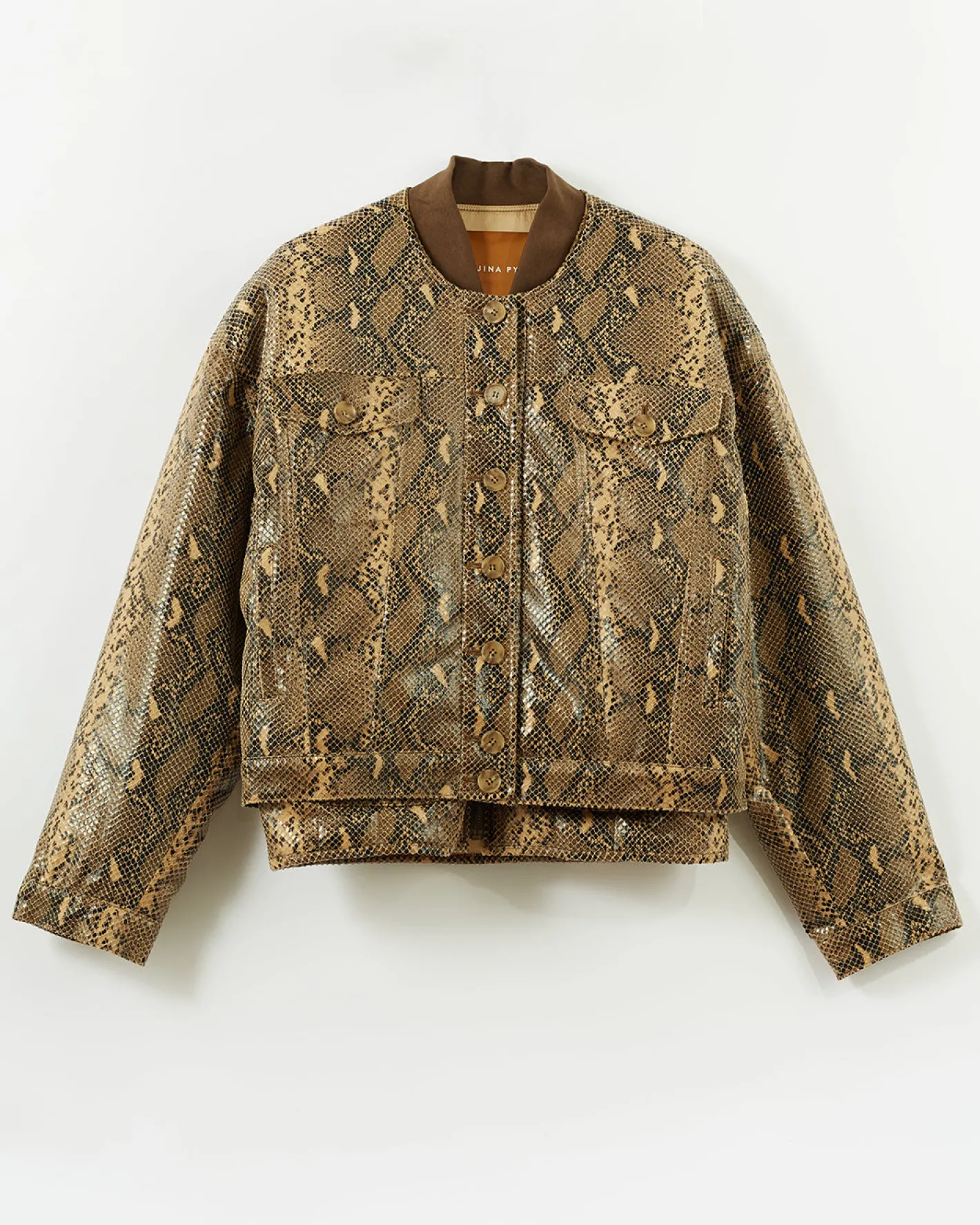Hot Wells Bomber Jacket Faux Leather Snake Effect Beige Jackets | Jackets